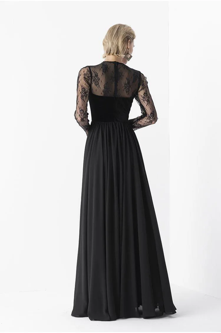 Elegant Retro Velvet Long lace evening black gala dress- Tuiok