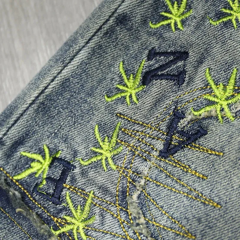 Embroidery Splicing Retro Distressed Jeans