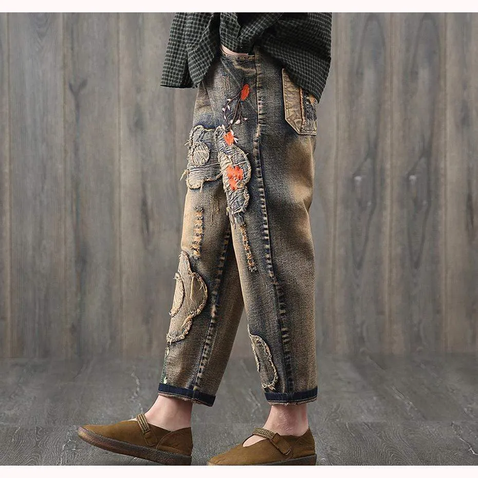 Floral Embroidered Vintage Hipster Jeans