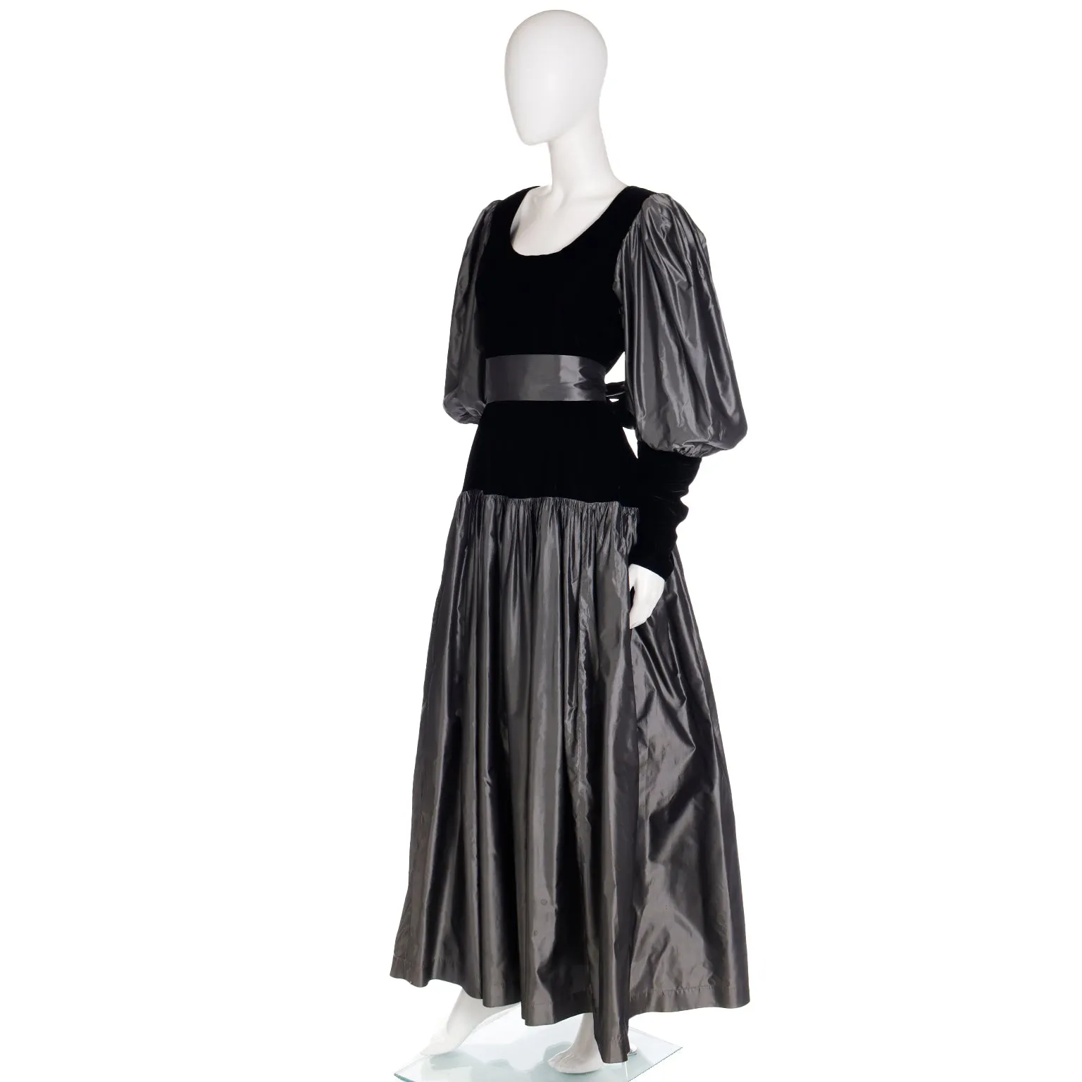 F/W 1982 Yves Saint Laurent Silver Taffeta and Black Velvet Runway Evening Dress