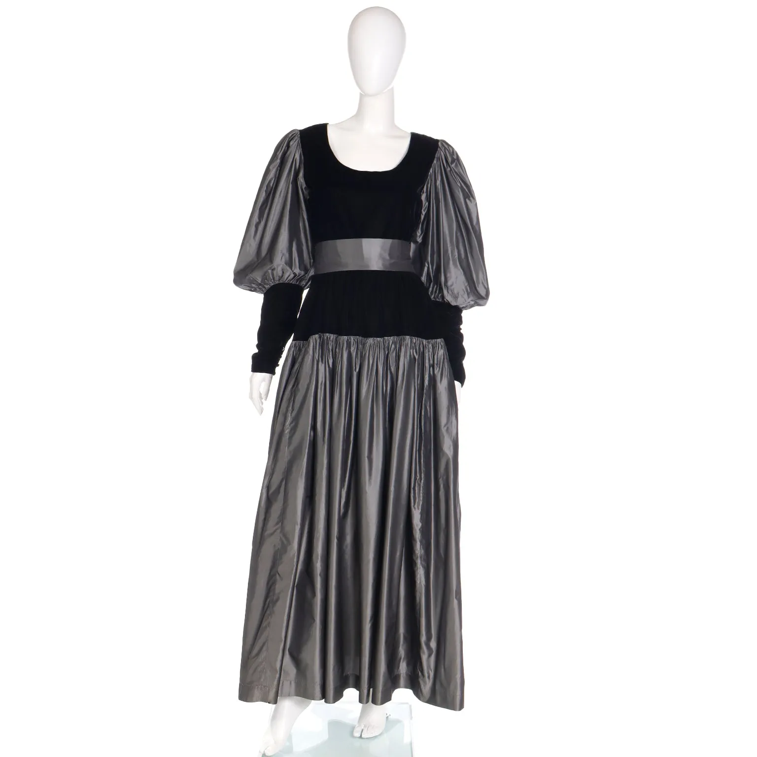 F/W 1982 Yves Saint Laurent Silver Taffeta and Black Velvet Runway Evening Dress