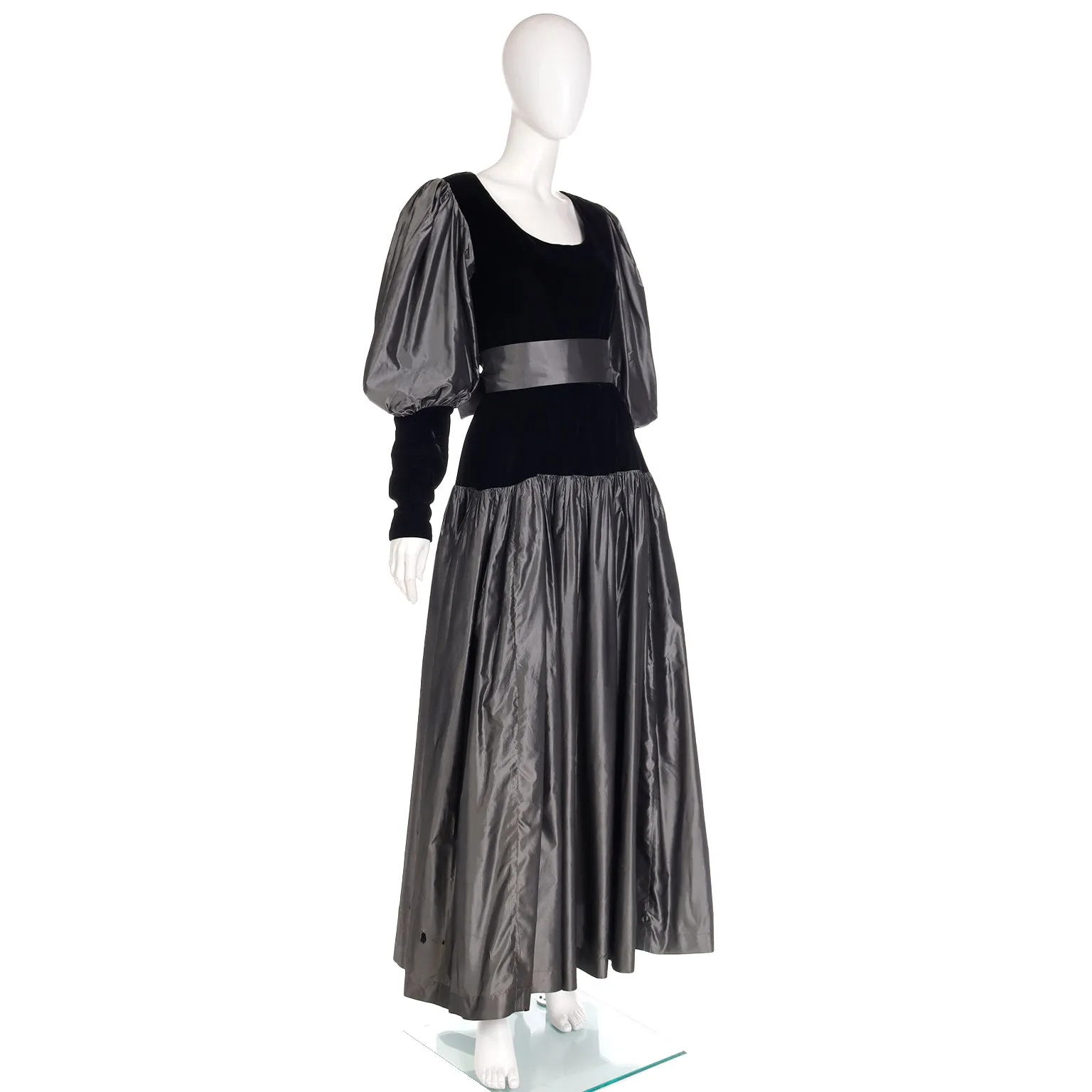 F/W 1982 Yves Saint Laurent Silver Taffeta and Black Velvet Runway Evening Dress