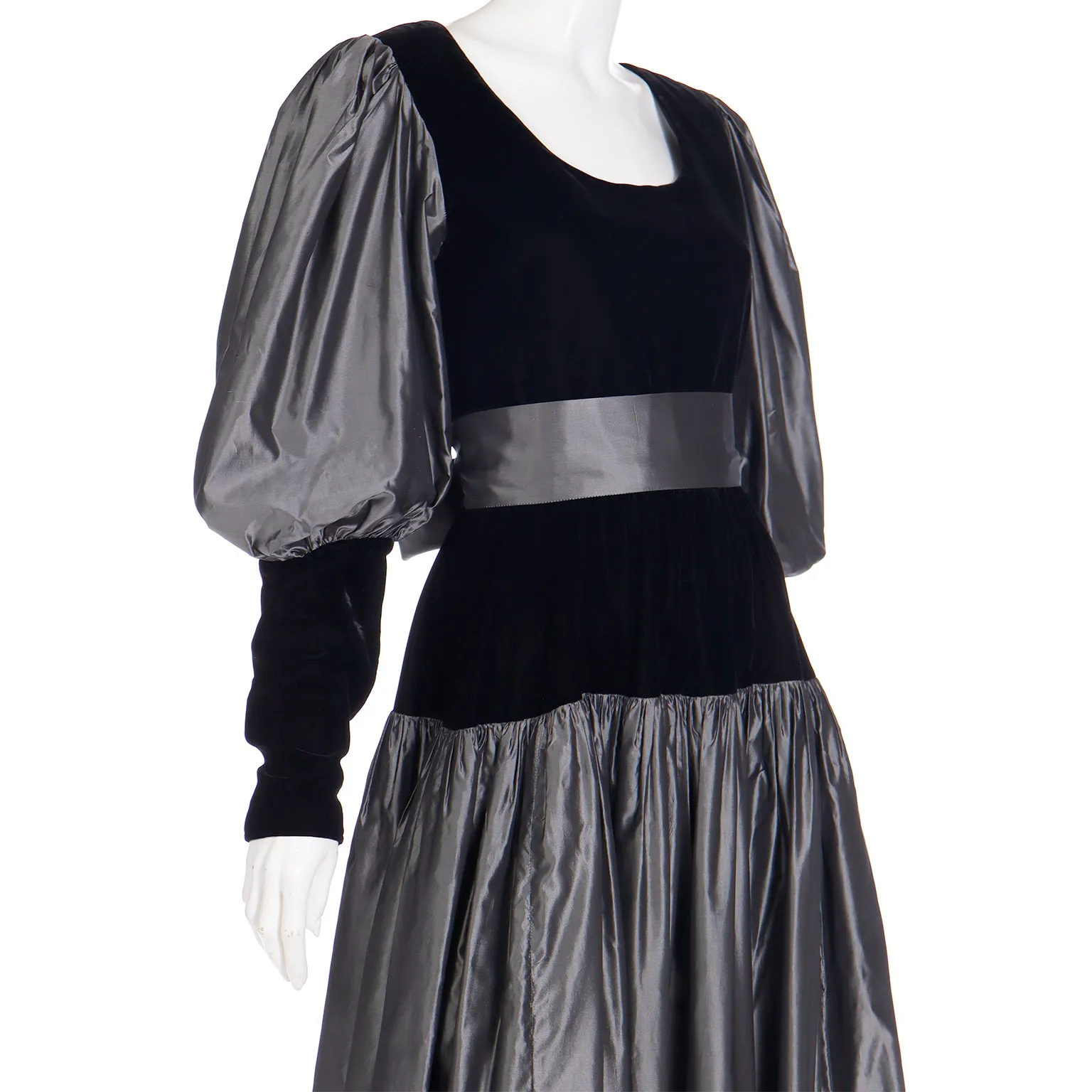 F/W 1982 Yves Saint Laurent Silver Taffeta and Black Velvet Runway Evening Dress