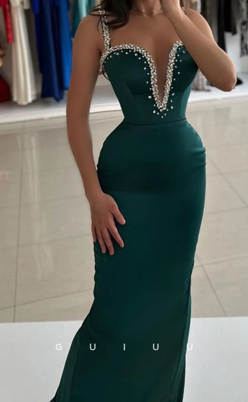 G3376 - Sexy & Hot Sheath Spaghetti Straps V-Neck Beaded Floor-Length Evening Party Prom Dress