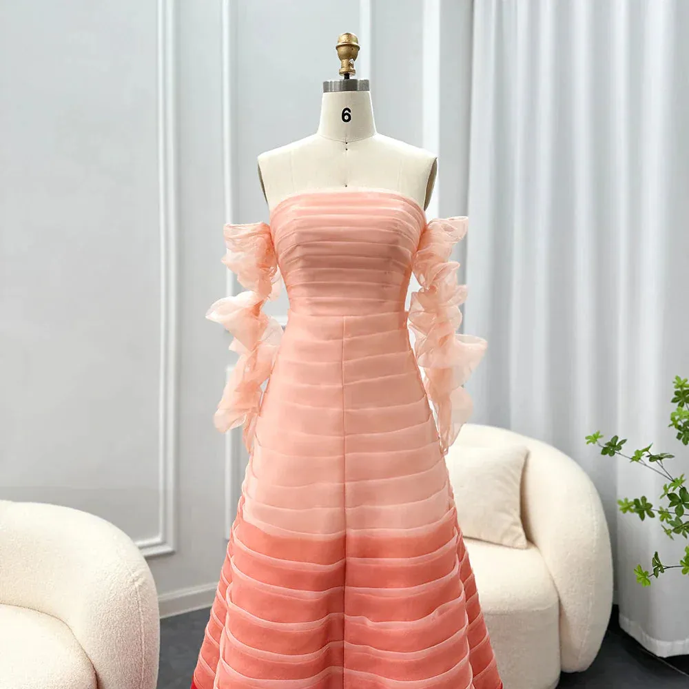 Gradual Pink Off Shoulder Long Sleeves Evening Dress SF061