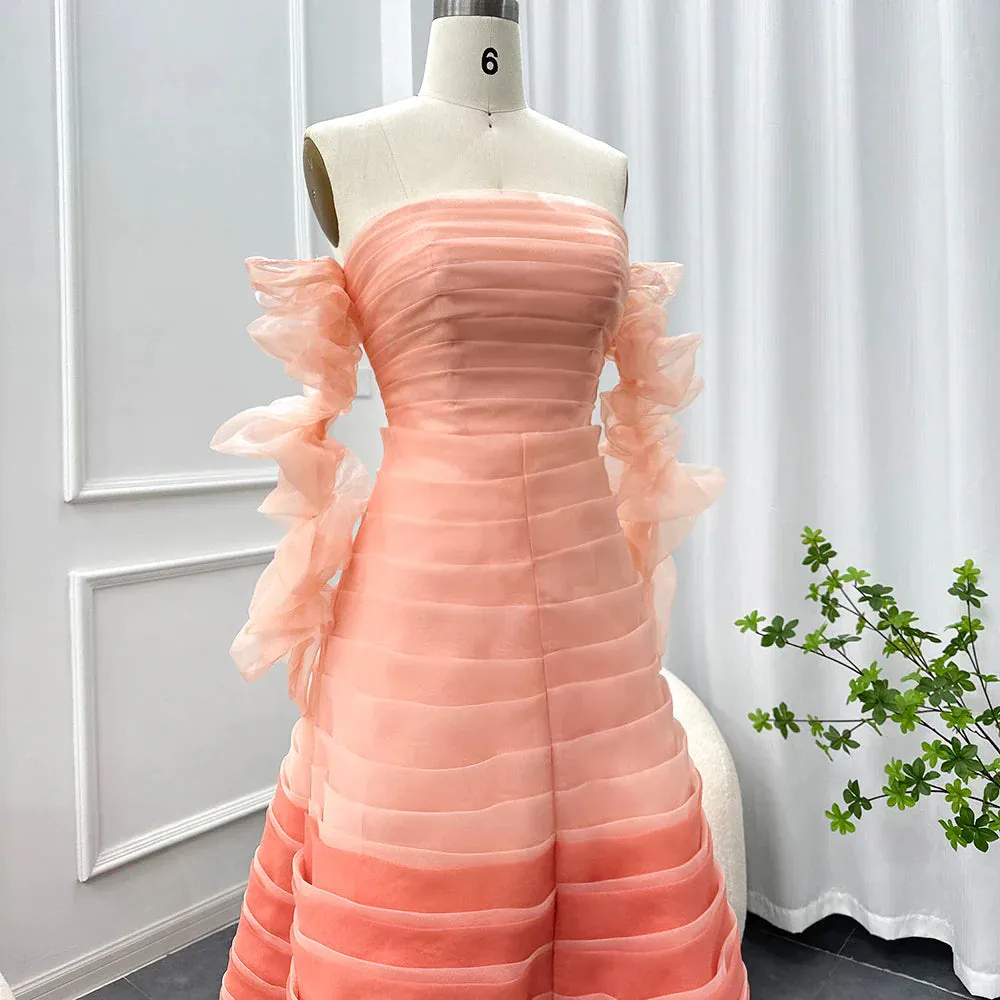 Gradual Pink Off Shoulder Long Sleeves Evening Dress SF061