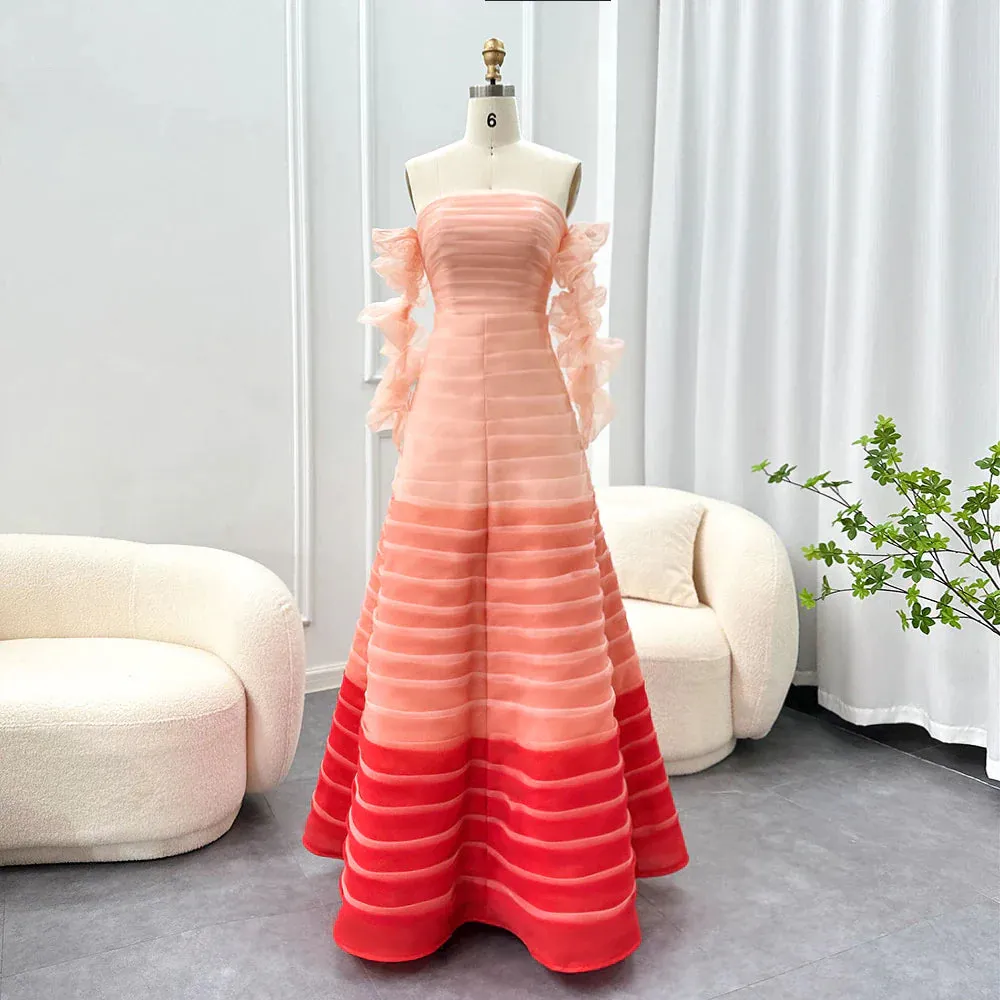 Gradual Pink Off Shoulder Long Sleeves Evening Dress SF061