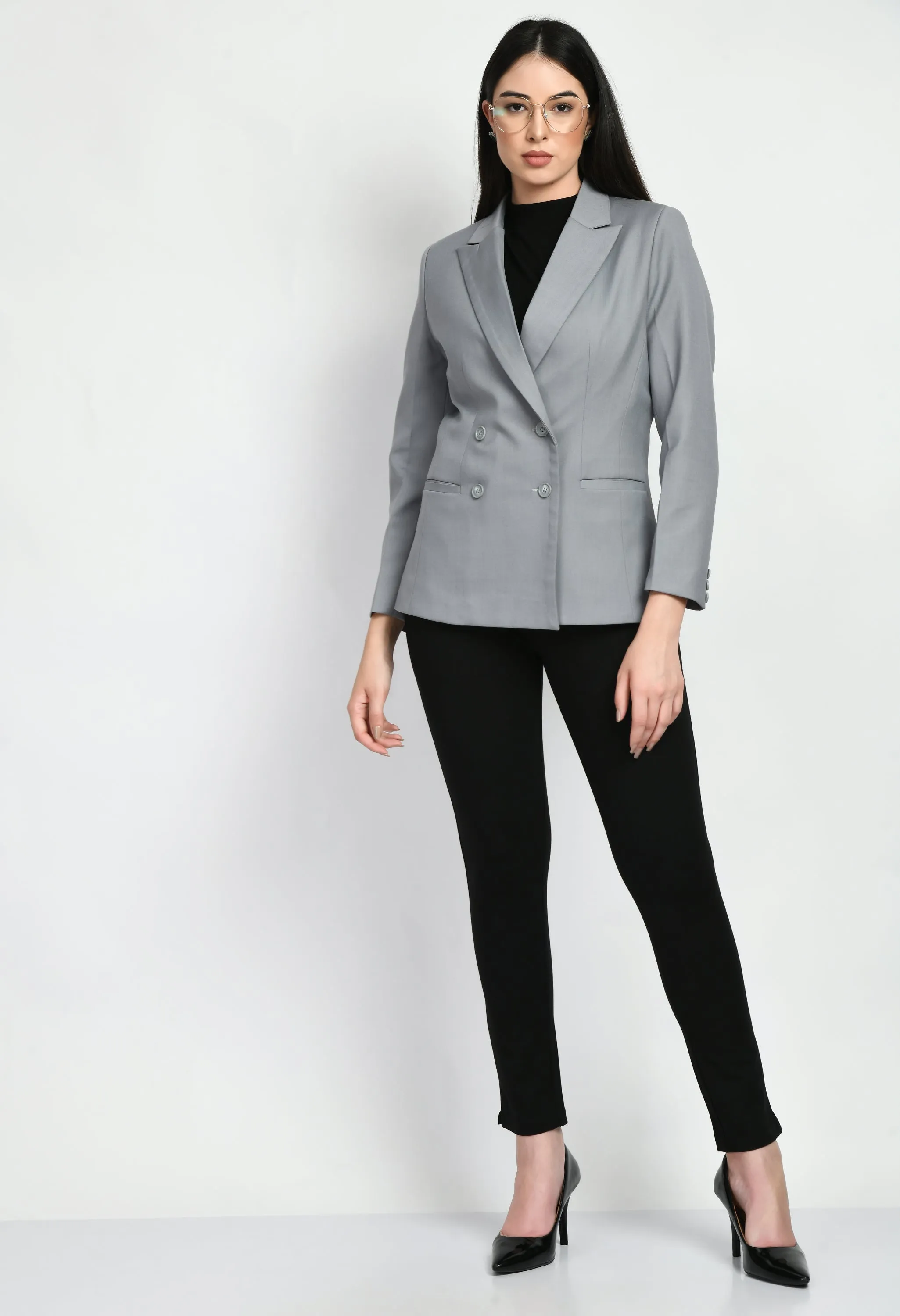 Grey Cotton Blend Poise Double Breasted Medium Blazer