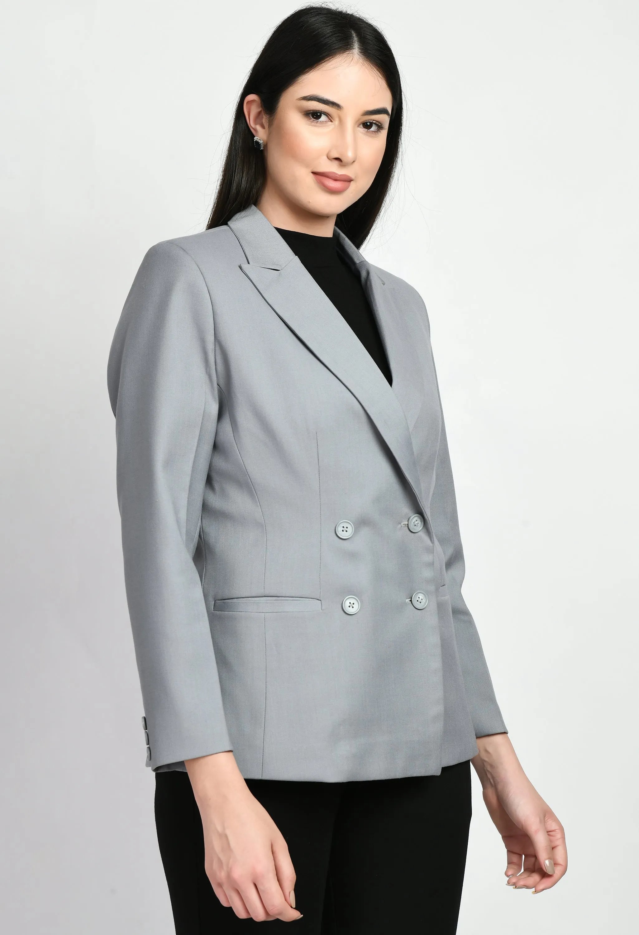 Grey Cotton Blend Poise Double Breasted Medium Blazer