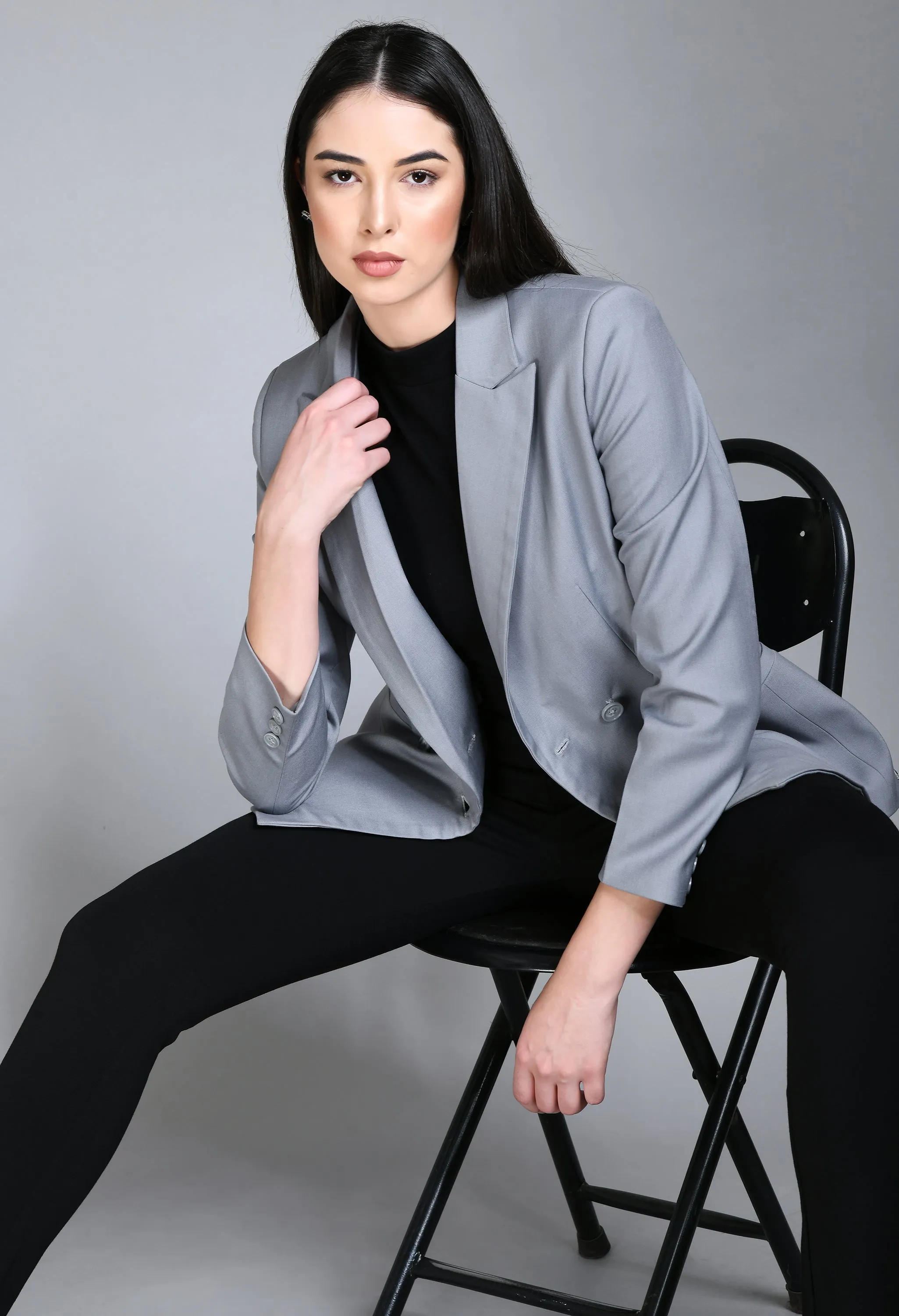 Grey Cotton Blend Poise Double Breasted Medium Blazer