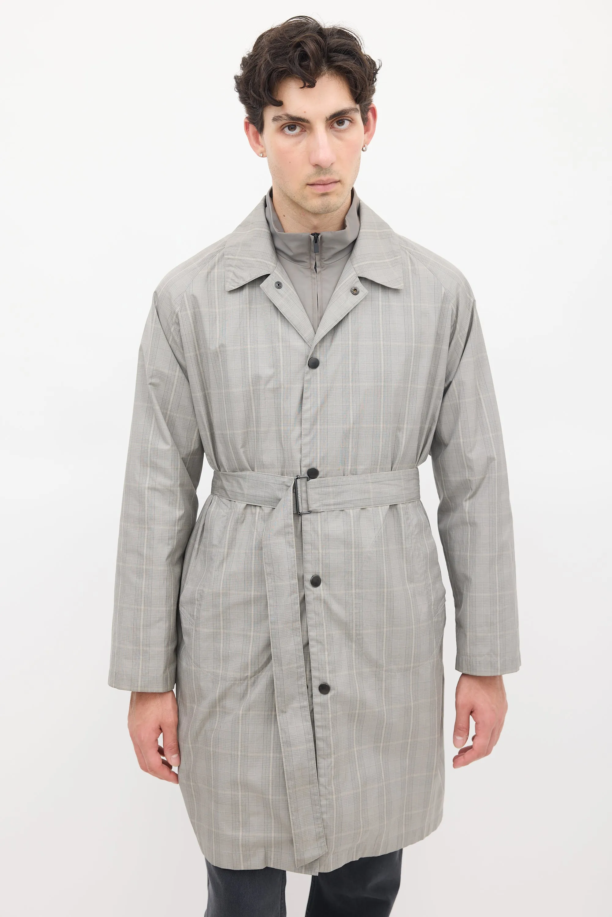 Grey Cotton Check Belted Coat