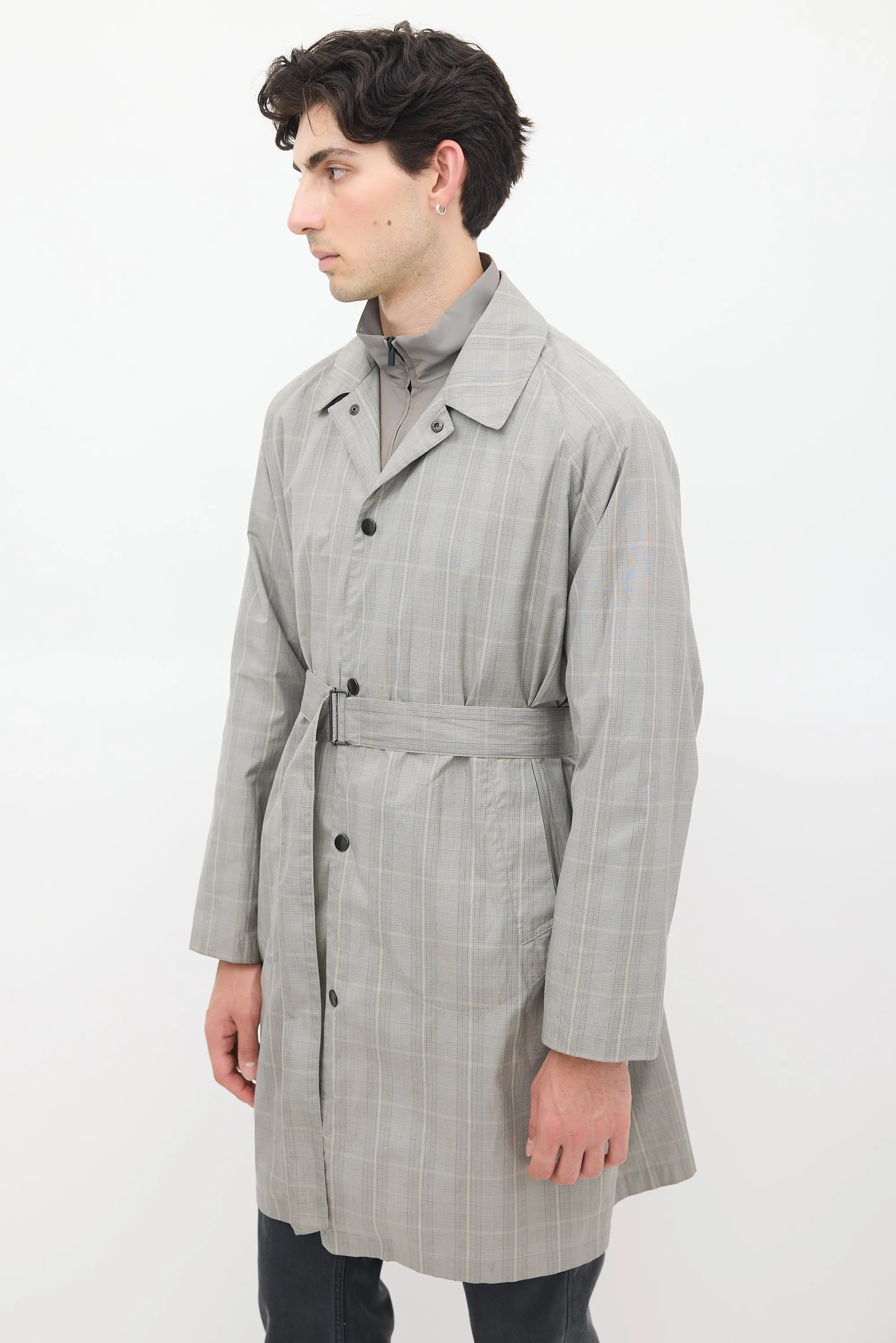 Grey Cotton Check Belted Coat