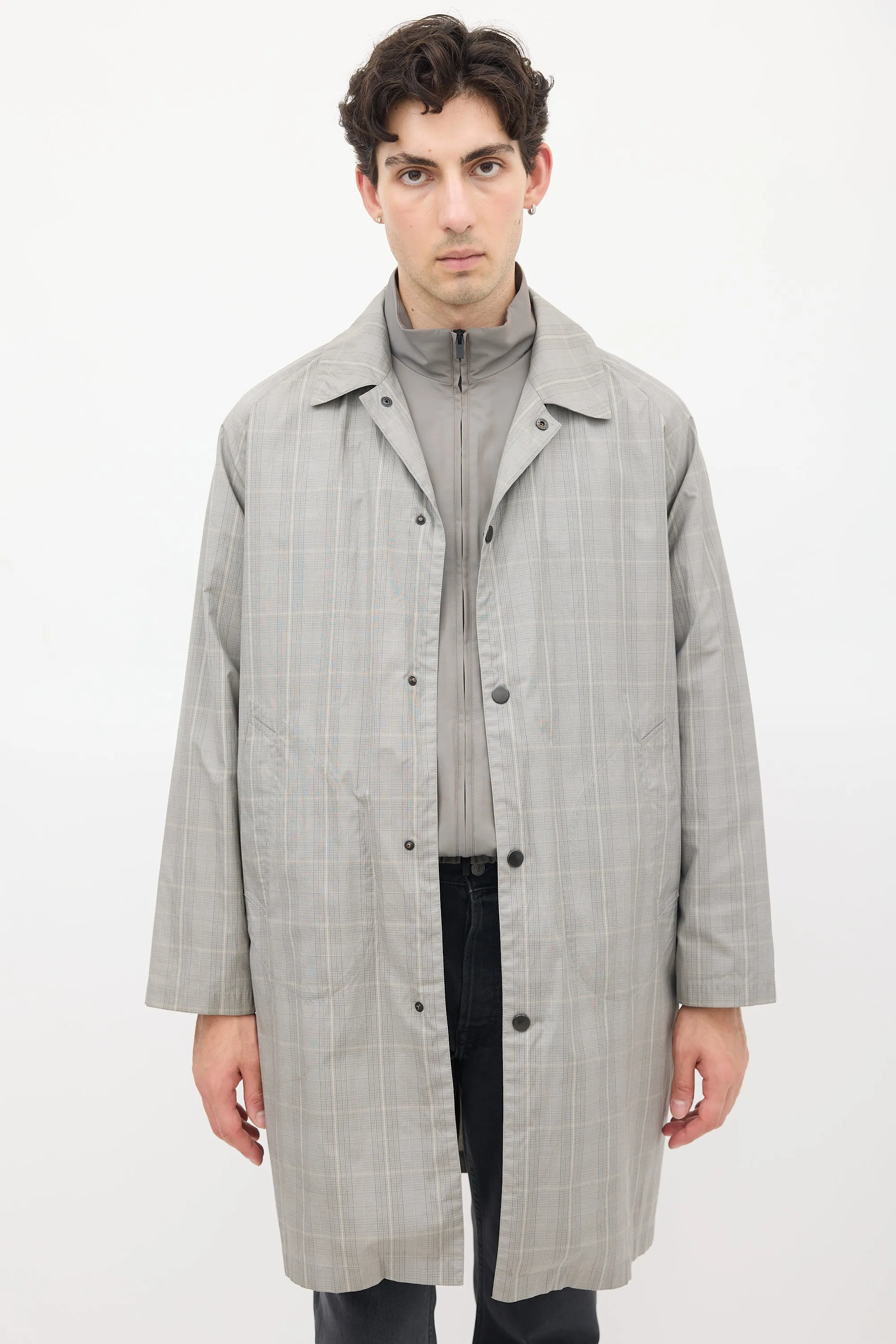 Grey Cotton Check Belted Coat