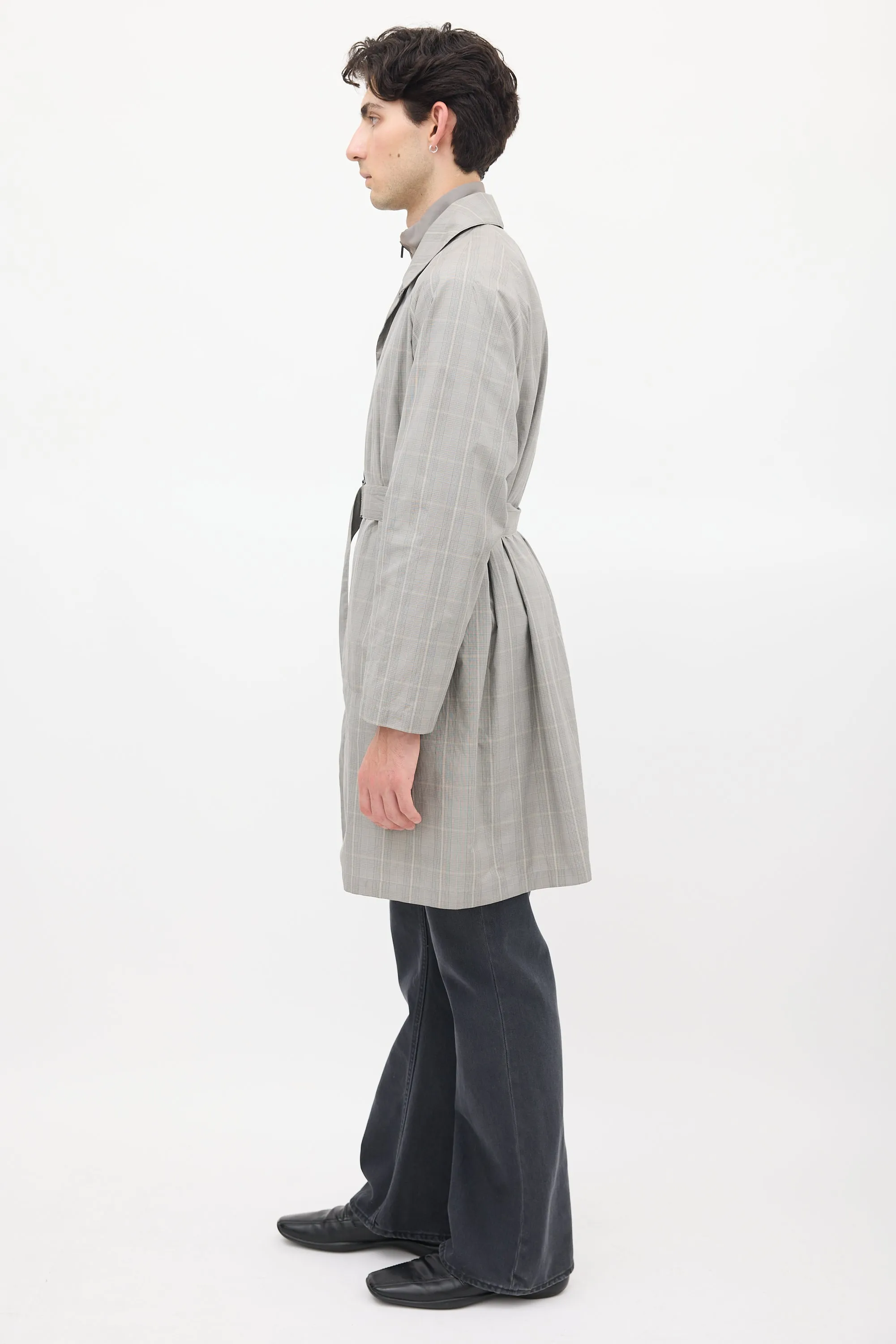 Grey Cotton Check Belted Coat