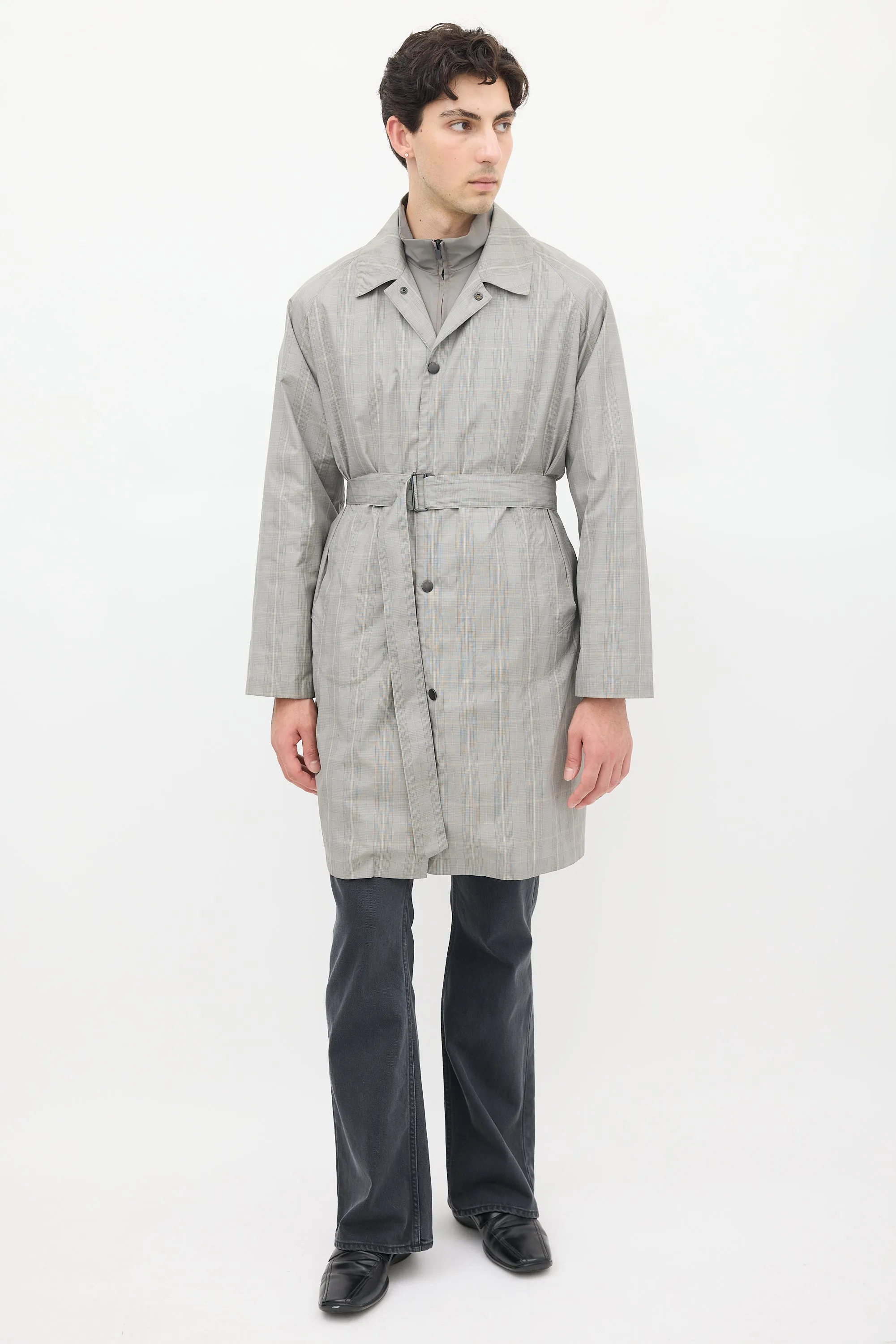 Grey Cotton Check Belted Coat