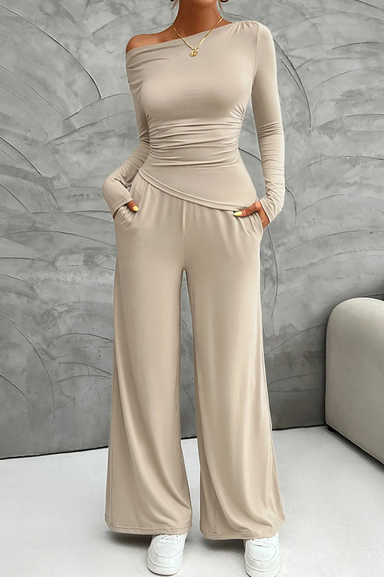 Joskaa Drop Shoulder Tops Wide Leg Pants Set