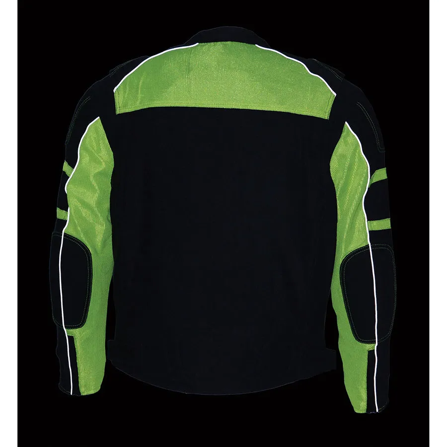 Mens Motorcycle Mesh Racer Jacket Blk Neon Green with removable rain Jacket Liner 2 Gun pockets