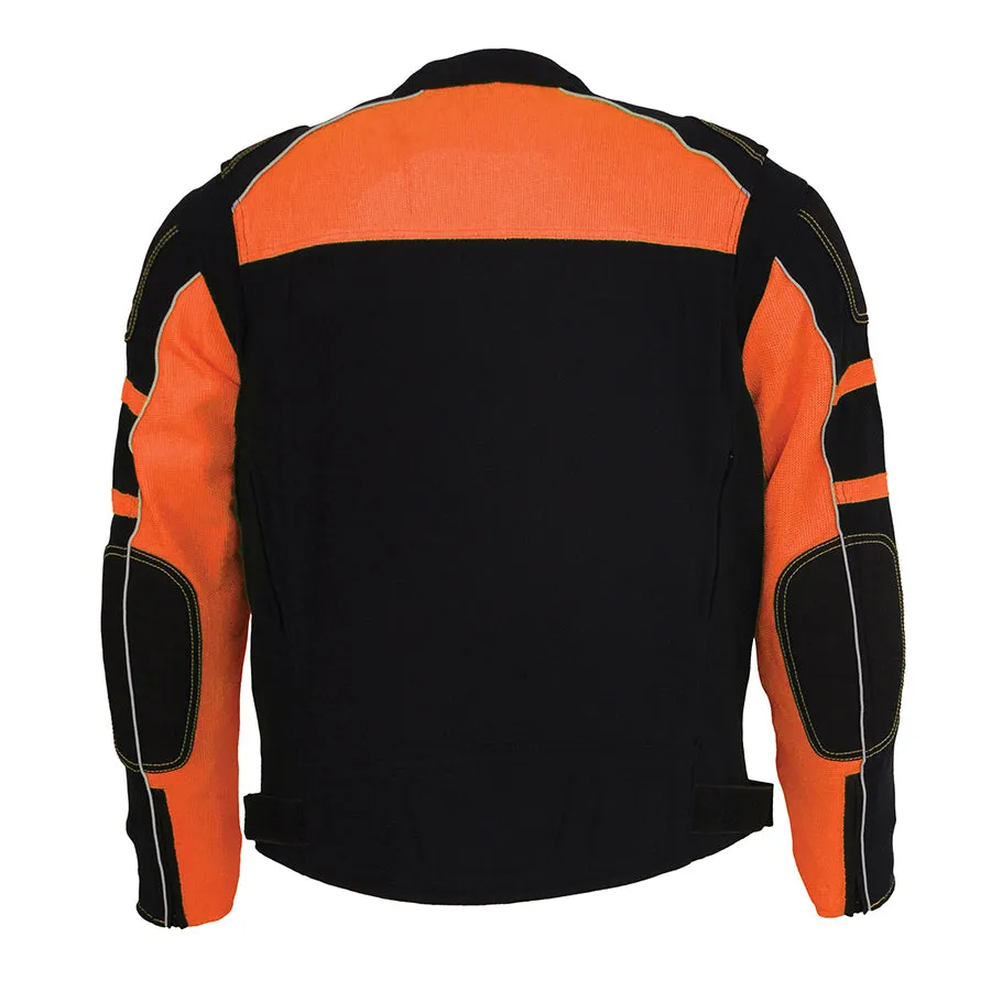 Mens Motorcycle Mesh Racer Jacket Blk Orange with removable rain Jacket Liner 2 Gun pockets