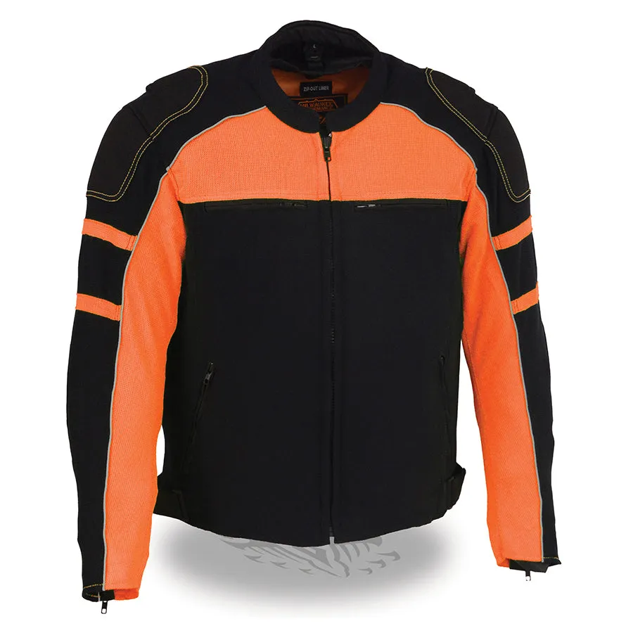 Mens Motorcycle Mesh Racer Jacket Blk Orange with removable rain Jacket Liner 2 Gun pockets