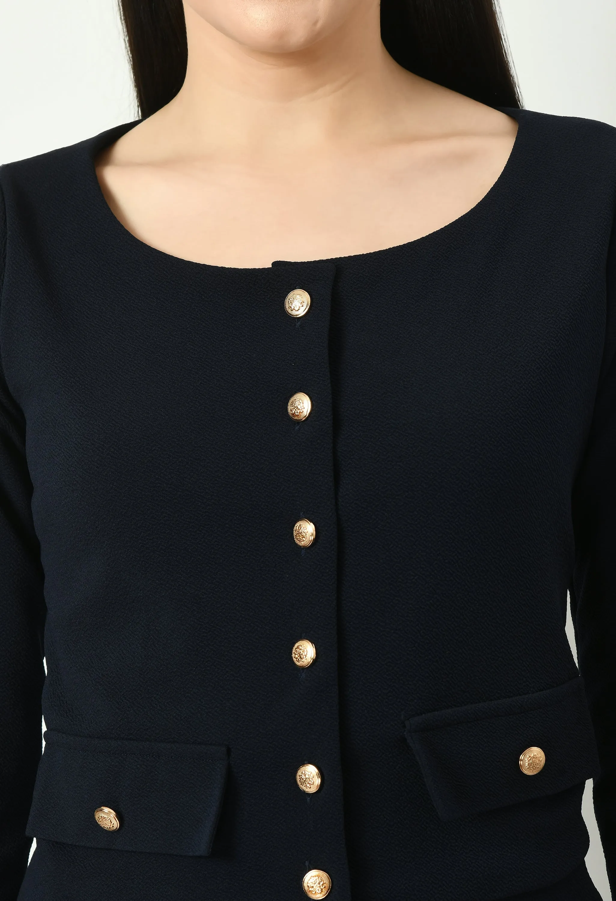 Navy Blue Cotton Blend Enchanting Button-Down Crop Blazer