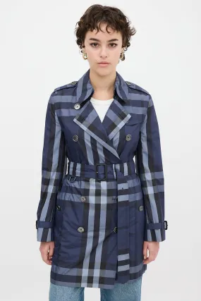 Navy Nova Check Belted Midi Trench Coat