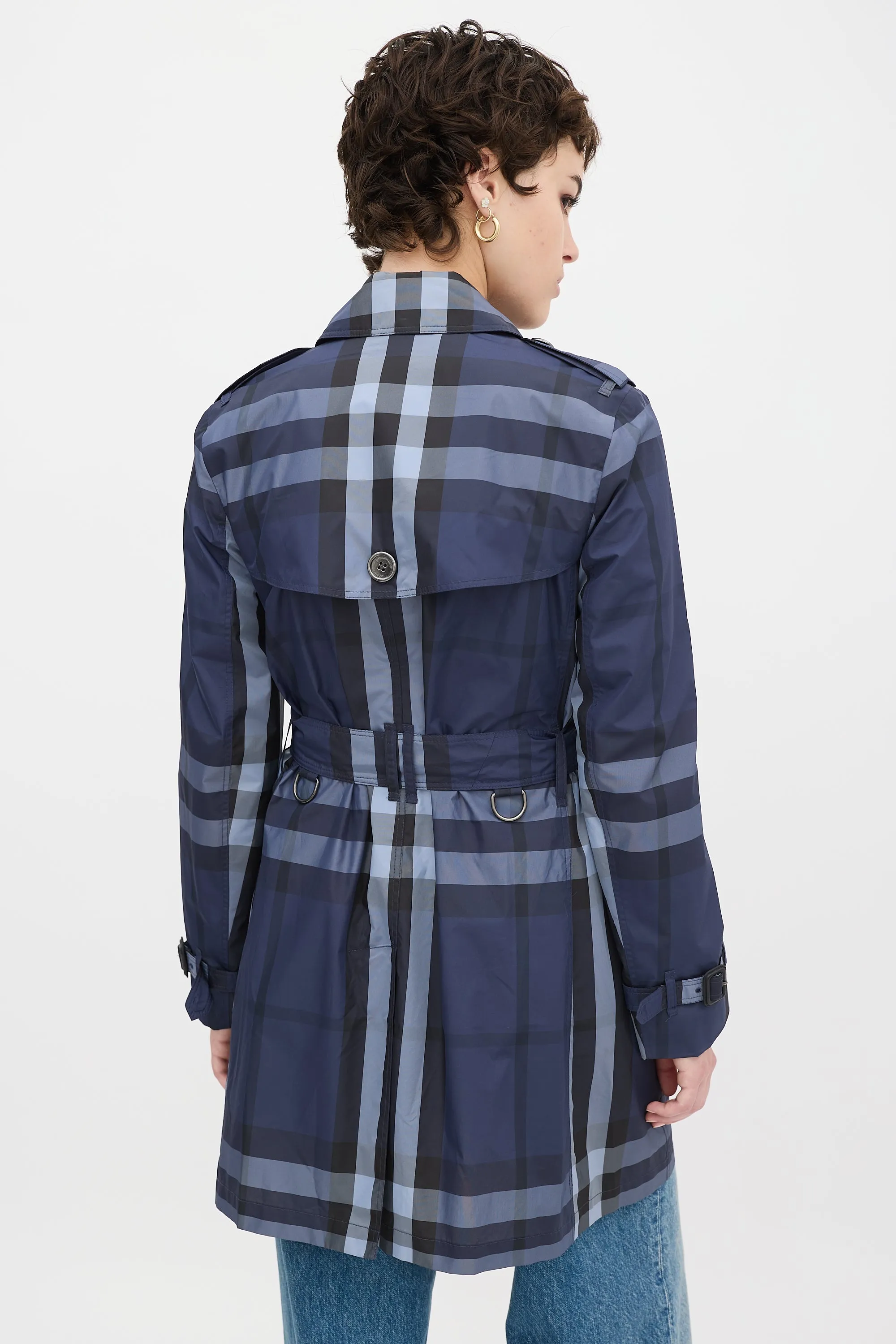 Navy Nova Check Belted Midi Trench Coat