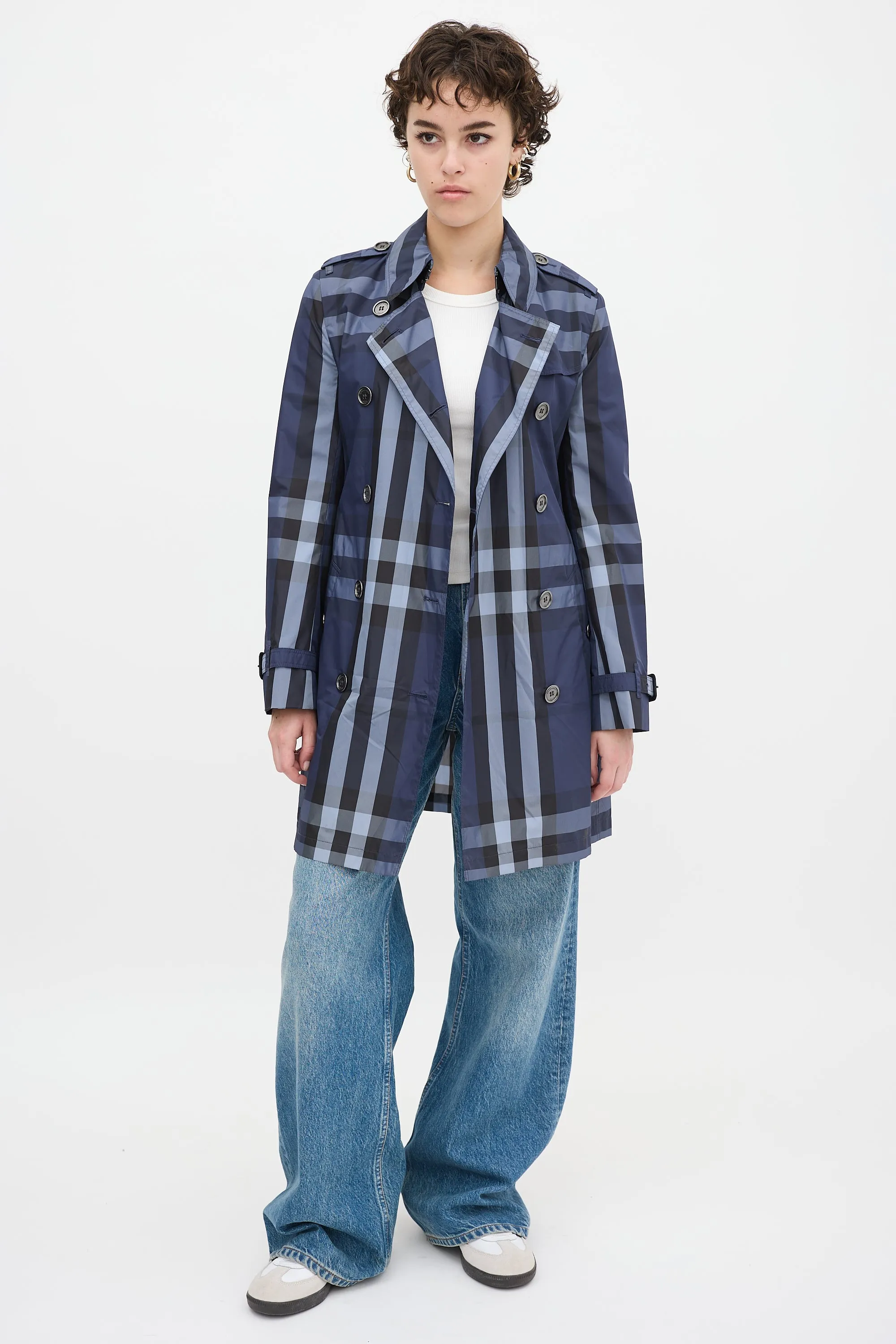 Navy Nova Check Belted Midi Trench Coat