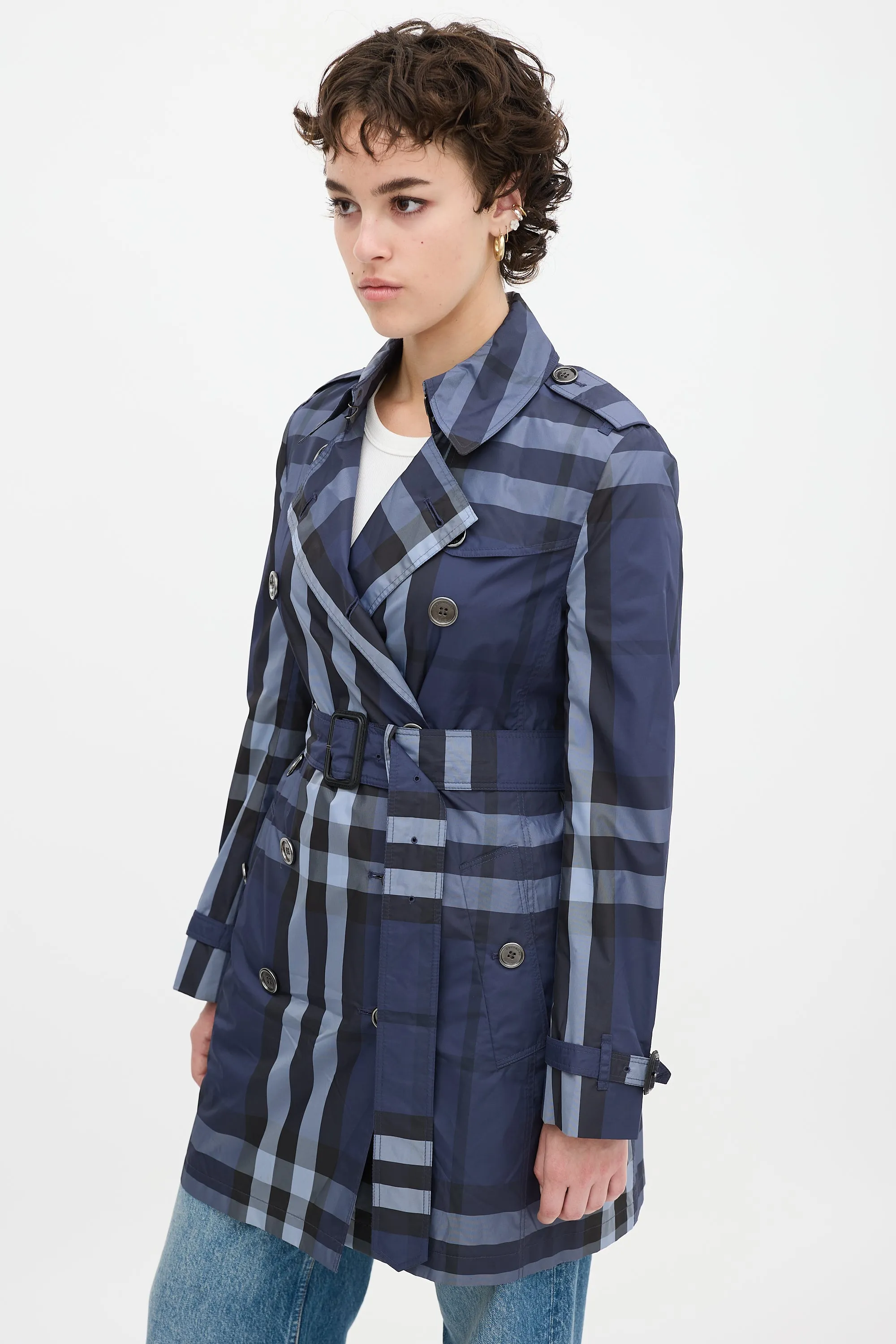 Navy Nova Check Belted Midi Trench Coat