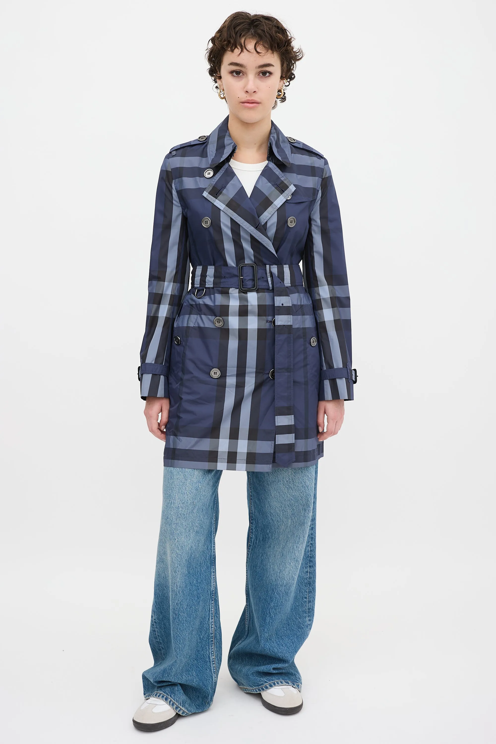 Navy Nova Check Belted Midi Trench Coat