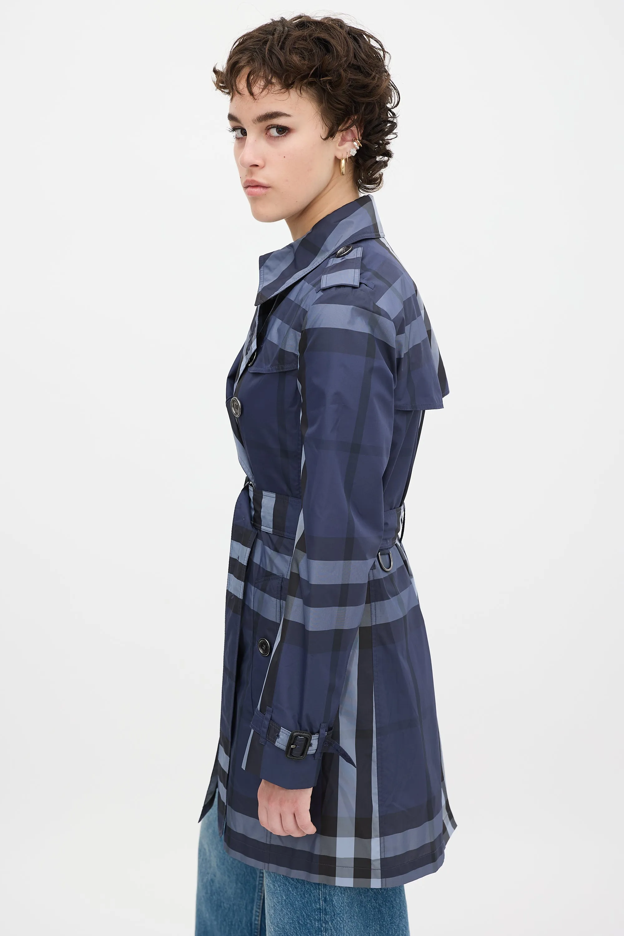 Navy Nova Check Belted Midi Trench Coat