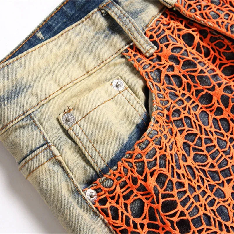 Orange Abstract Patchwork Pencil Jeans