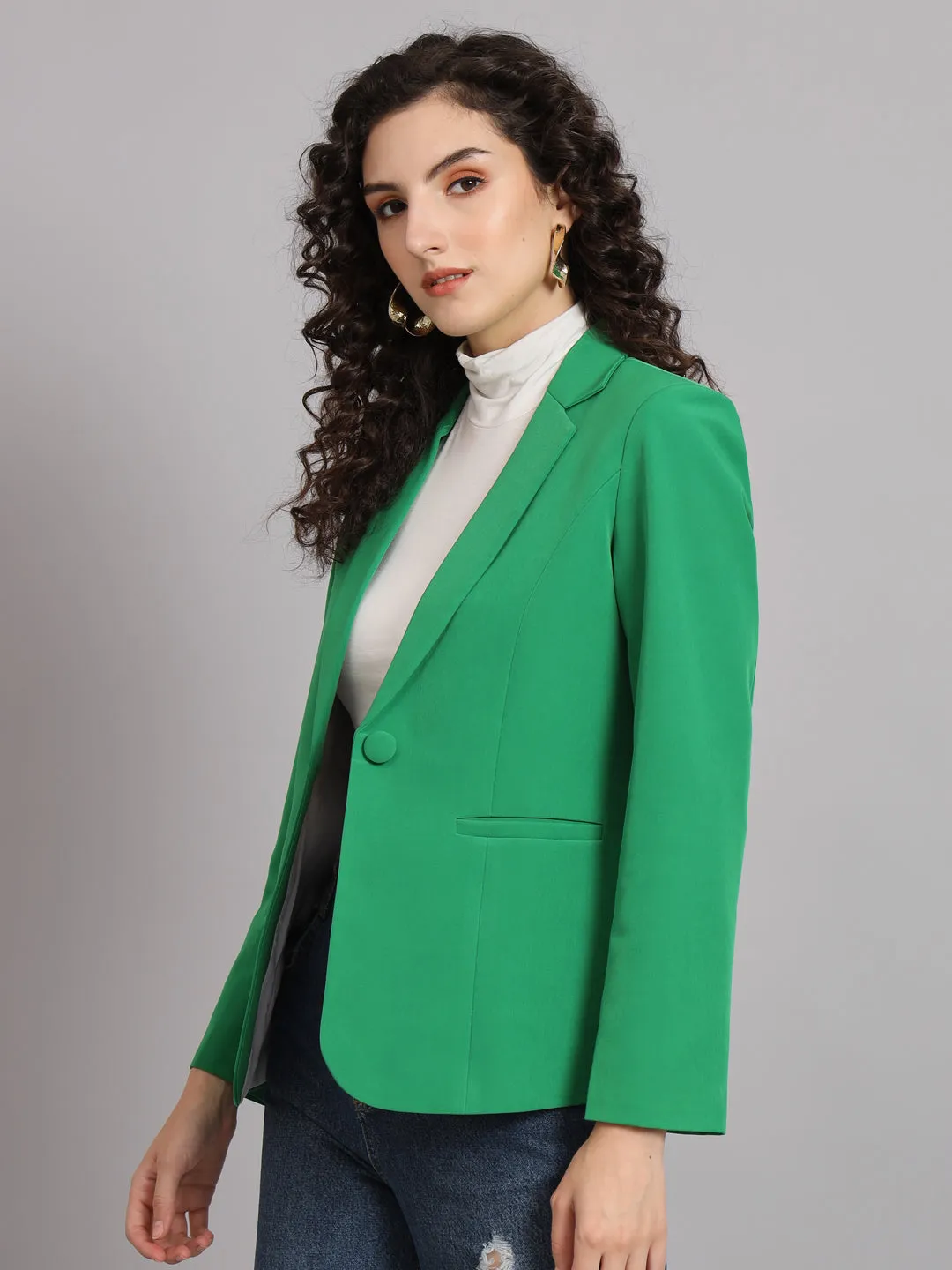 Parrot Green Polyester Notch Collar Stretch Blazer