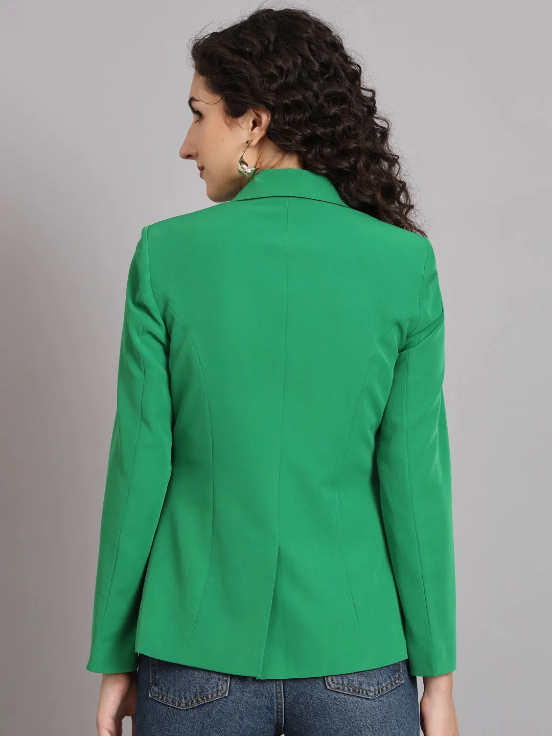 Parrot Green Polyester Notch Collar Stretch Blazer