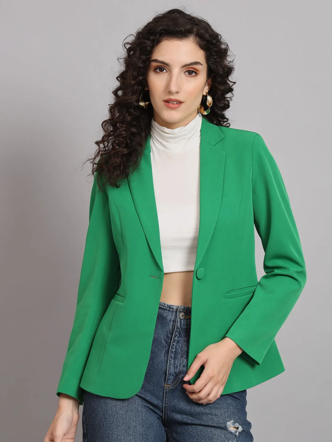 Parrot Green Polyester Notch Collar Stretch Blazer