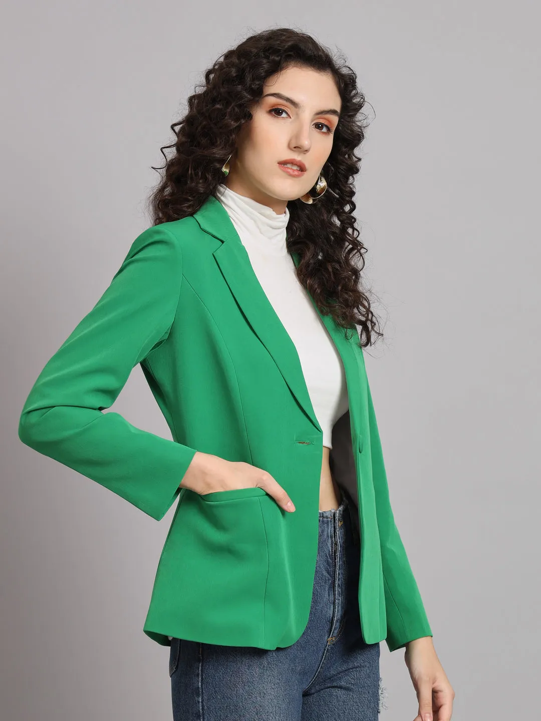 Parrot Green Polyester Notch Collar Stretch Blazer