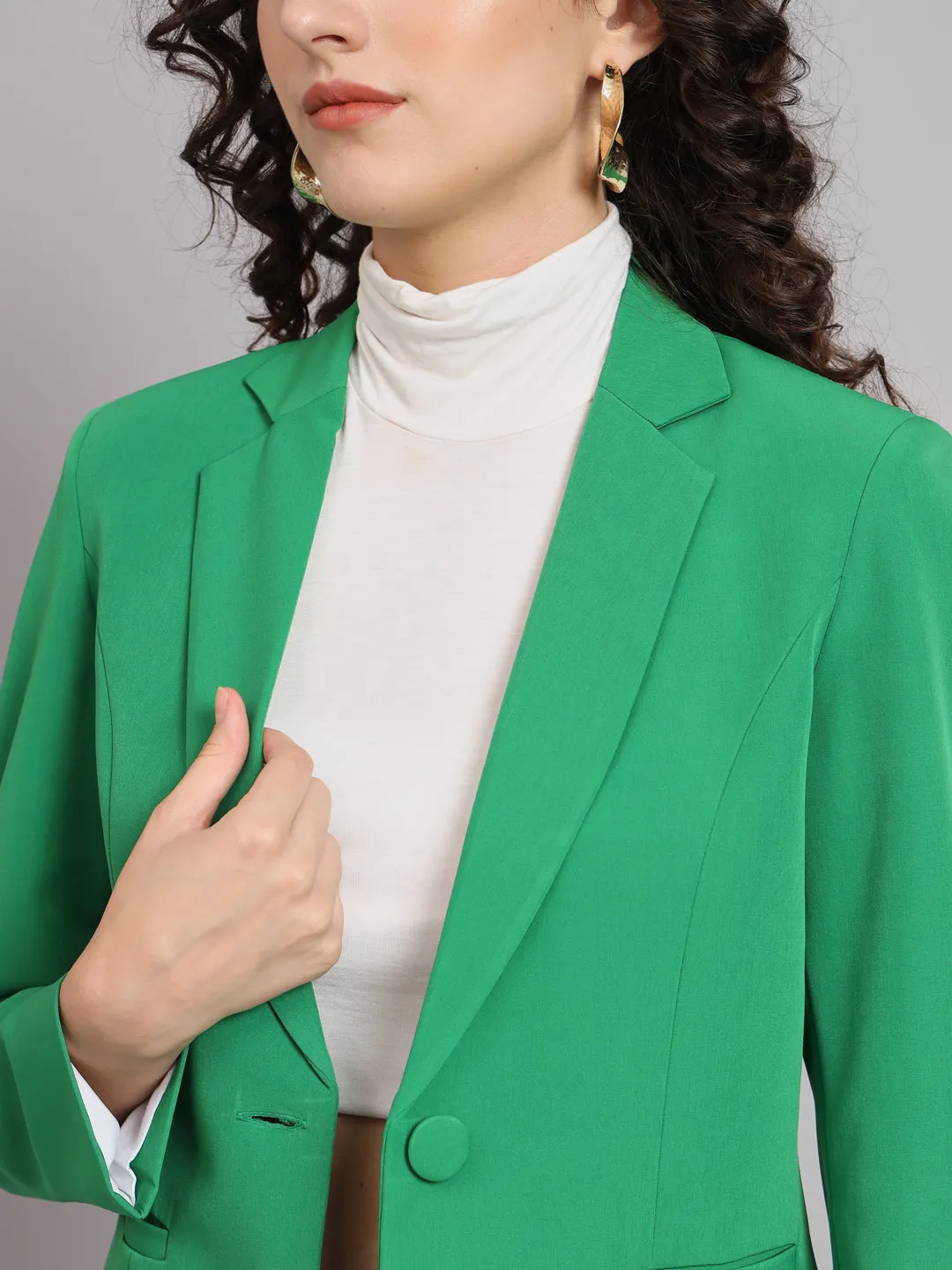 Parrot Green Polyester Notch Collar Stretch Blazer