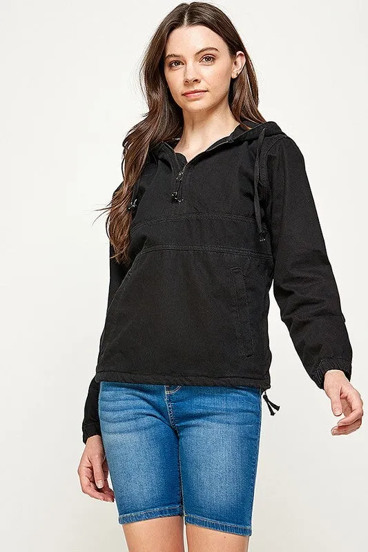 PLUS SIZE DENIM HOODIE HALF ZIPPER CLOSER