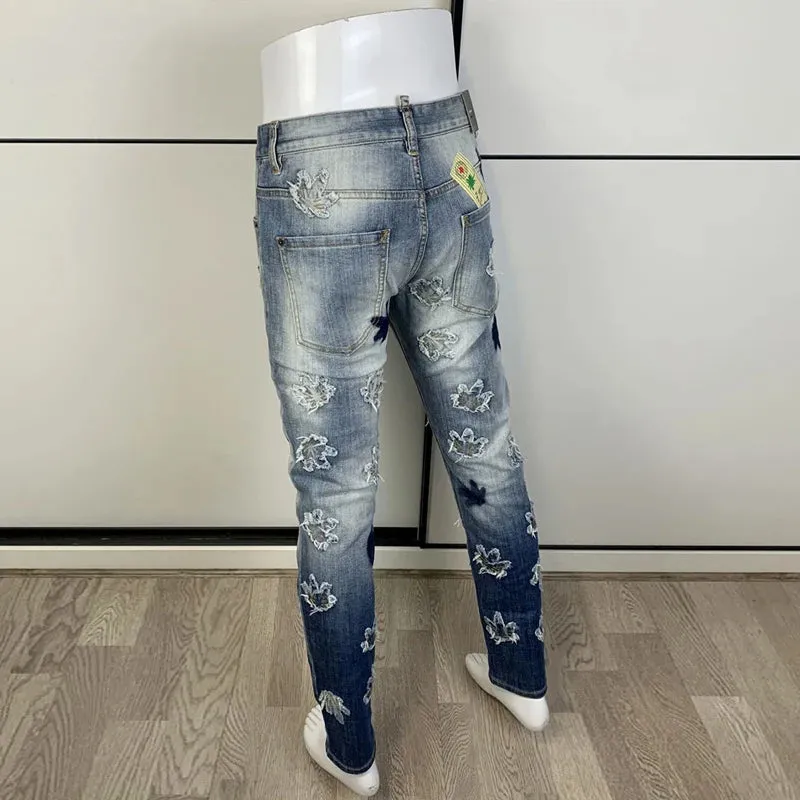 Retro Patchwork Ripped Washed Blue Jeans