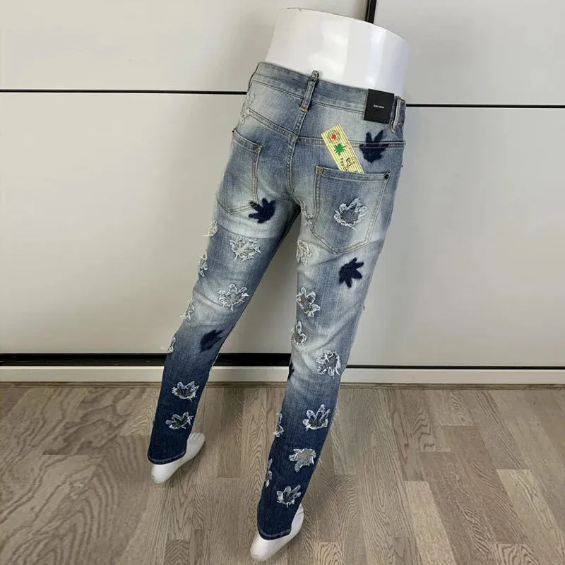 Retro Patchwork Ripped Washed Blue Jeans