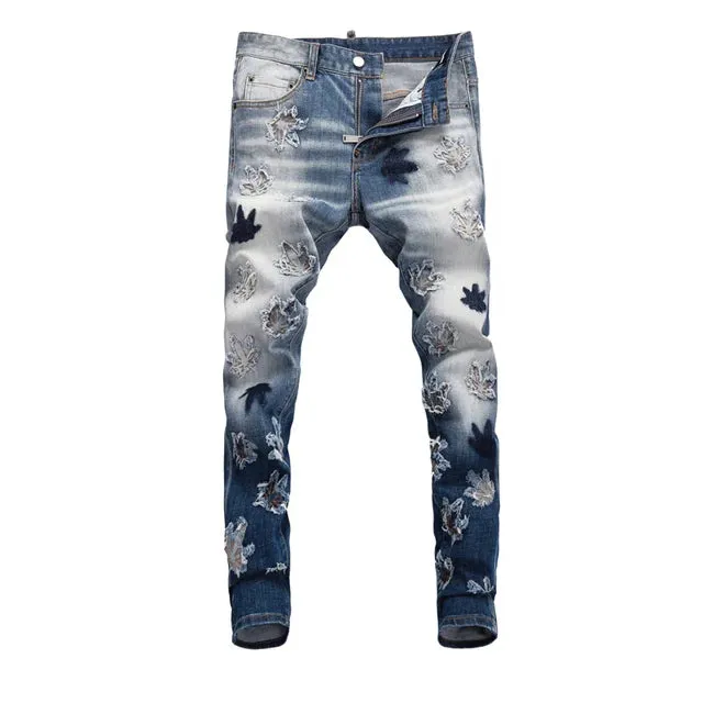 Retro Patchwork Ripped Washed Blue Jeans