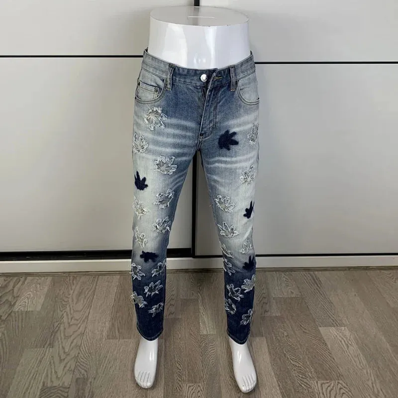 Retro Patchwork Ripped Washed Blue Jeans