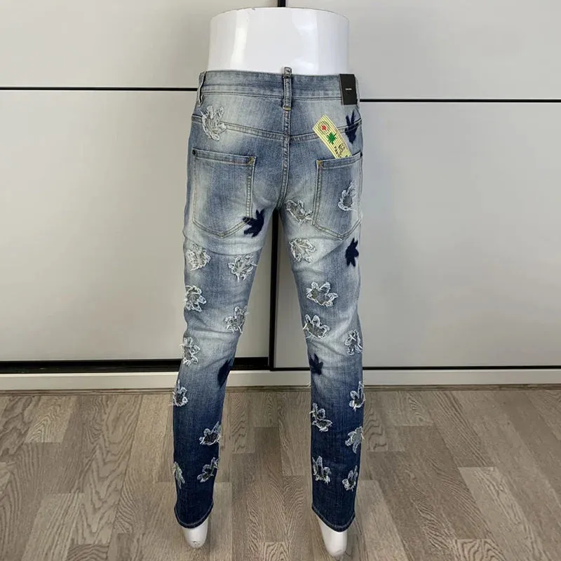 Retro Patchwork Ripped Washed Blue Jeans