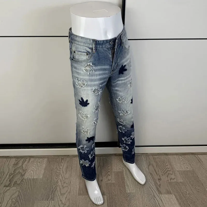 Retro Patchwork Ripped Washed Blue Jeans