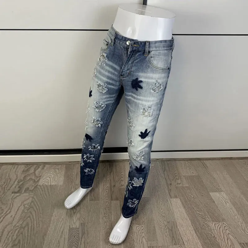 Retro Patchwork Ripped Washed Blue Jeans