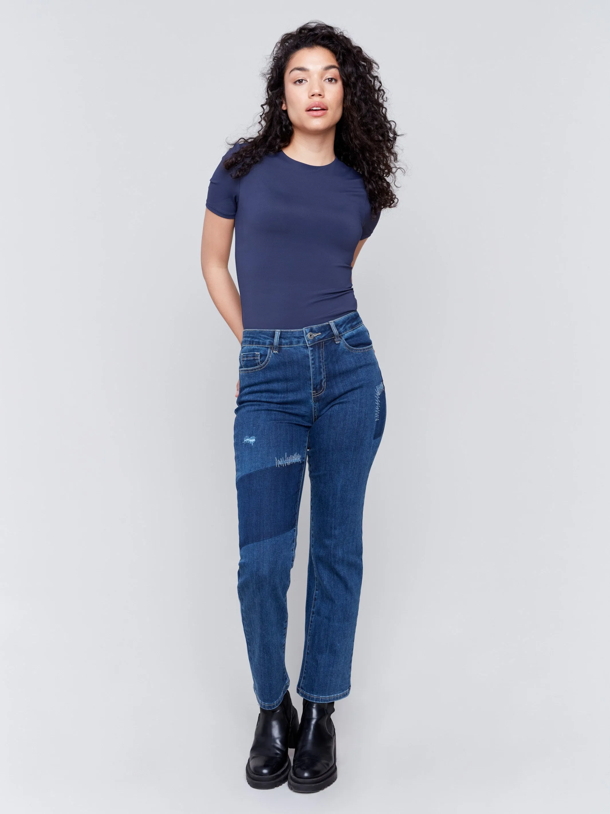 Straight Leg Patchwork Jeans - Indigo