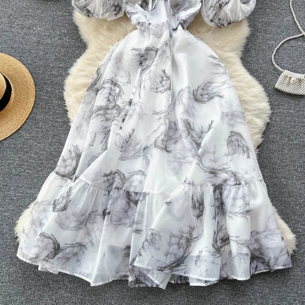 Summer New French Ink Printing Square Collar Big Swing Fairy Dress  469