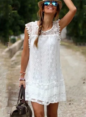 TastyHottie - Beach Short Dress Tassel Black White Mini Lace Dress