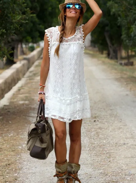 TastyHottie - Beach Short Dress Tassel Black White Mini Lace Dress