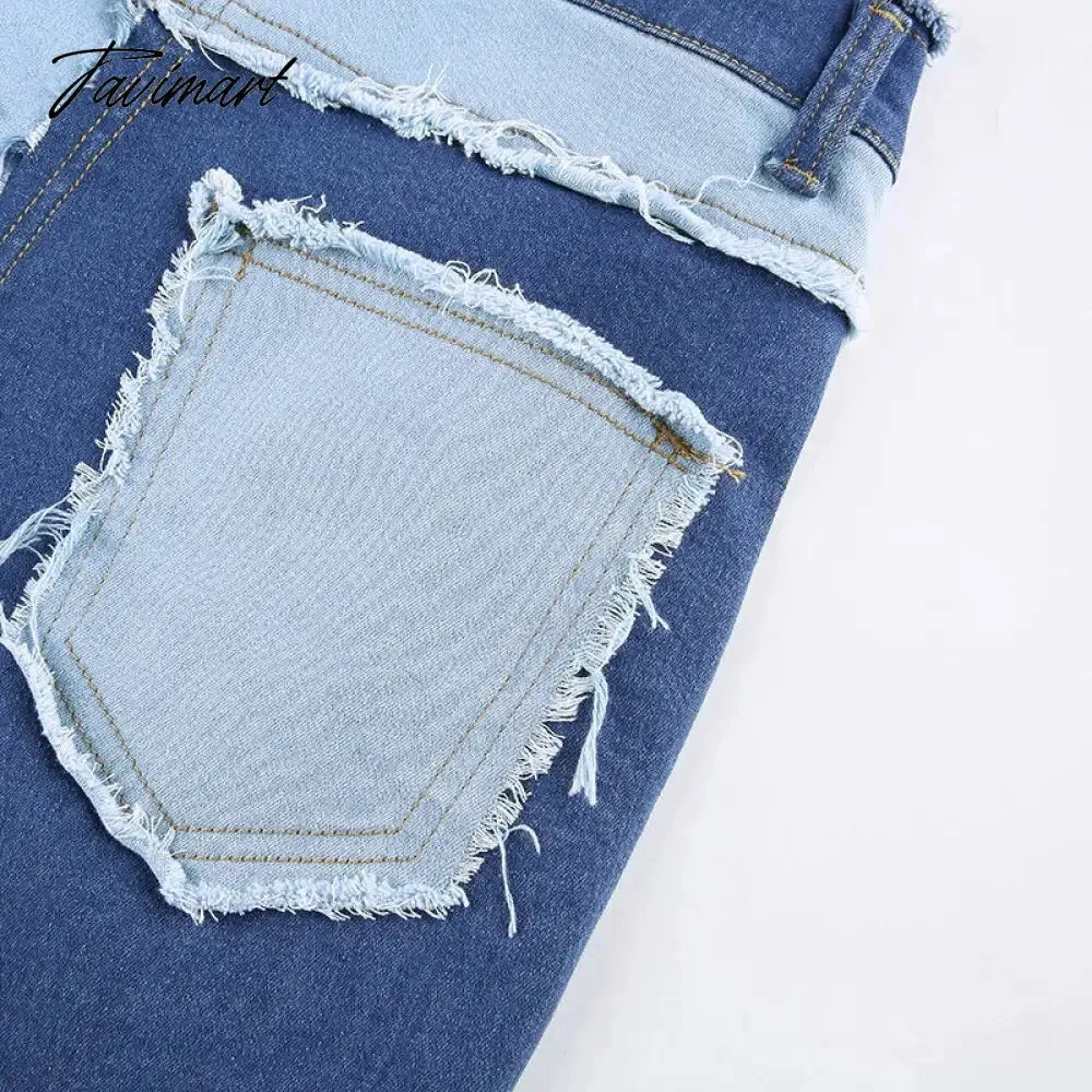 Tavimart Color Block Mom Jeans Women 90s Denim Blue Frayed Hem High Waist Straight-leg Panel Jean e-Girl Y2K Aesthetic Clothes