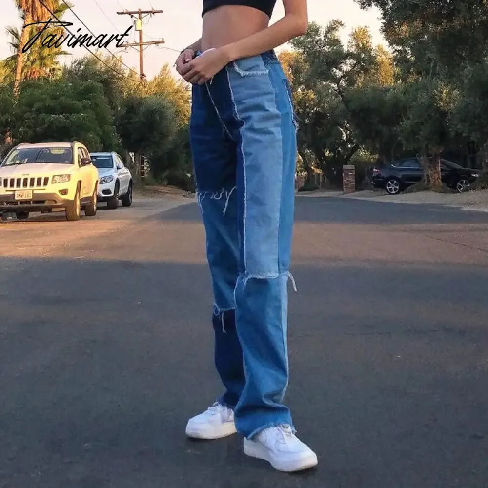 Tavimart Color Block Mom Jeans Women 90s Denim Blue Frayed Hem High Waist Straight-leg Panel Jean e-Girl Y2K Aesthetic Clothes